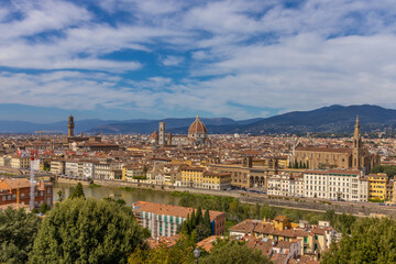 Florence city, Firenze architecture in Italy. Santa Maria del Fiore Cathedral, Duomo huge domes and...