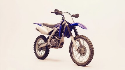  a blue and white dirt bike sitting on top of a white surface The bike has a blue body with white accents, and the background is a bright white