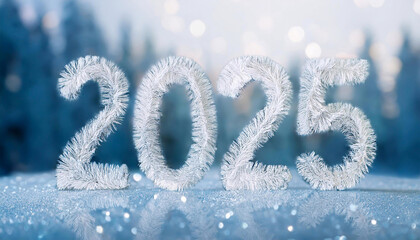 Fototapeta na wymiar Nowy rok 2025 , lodowy mroźny napis. Sylwester zima