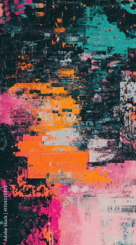 Poster vibrant abstract digital art with dynamic color patterns in bright hues of pink, orange, and teal cr