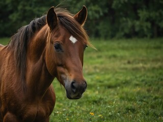Fototapeta premium Brown horse grazing in a green pasture with flowing mane.
