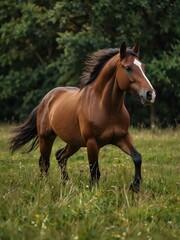 Brown horse galloping in a grassy meadow.