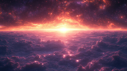 Mesmerizing sunset view over fluffy clouds with vibrant colors illuminating the sky in a cosmic landscape. Generative AI