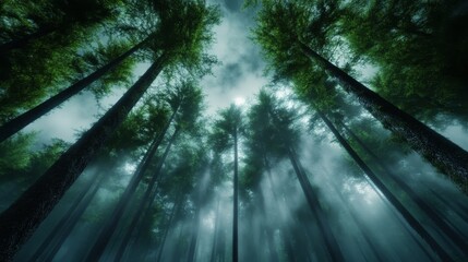 Obraz premium a dark forest with tall trees in the middle of it, illuminated by the light of the moon and stars in the night sky The resolution of the image is 1920x1200