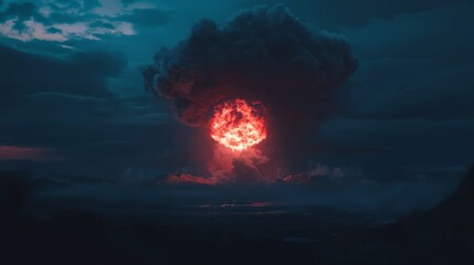  a large mushroom cloud in the sky over a body of water, illuminated by a bright red light The sky is filled with dark clouds, creating a dramatic backdrop for the