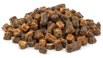 Obraz premium a pile of black truffles on a white background The truffle is a dark brown color and has a rough texture It is arranged in a neat pile, and the white background p