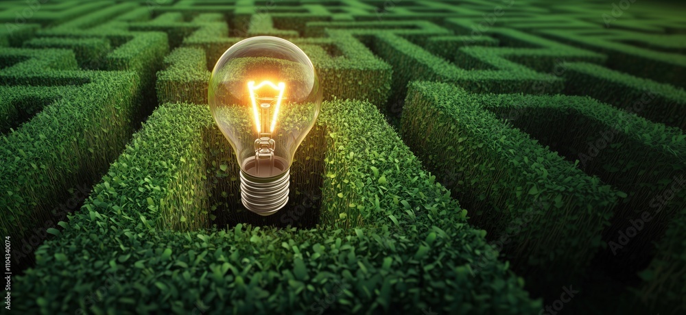Poster light bulb in maze, symbolizing ideas and solutions. green hedges form intricate maze, illuminated b