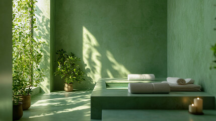 Serene green spa room with indoor plants and candles in natural light