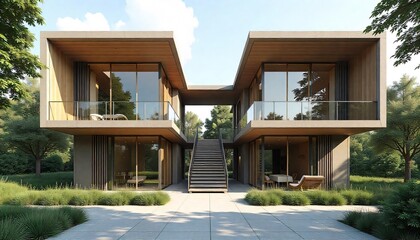 A modern house with blue sky and large windows, a new urban residential property