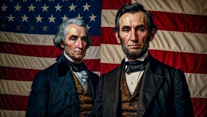 Historical Portrait of Two Significant American Leaders Against a Flag Backdrop