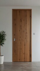 Wooden door with a window, open to an empty, classic interior room