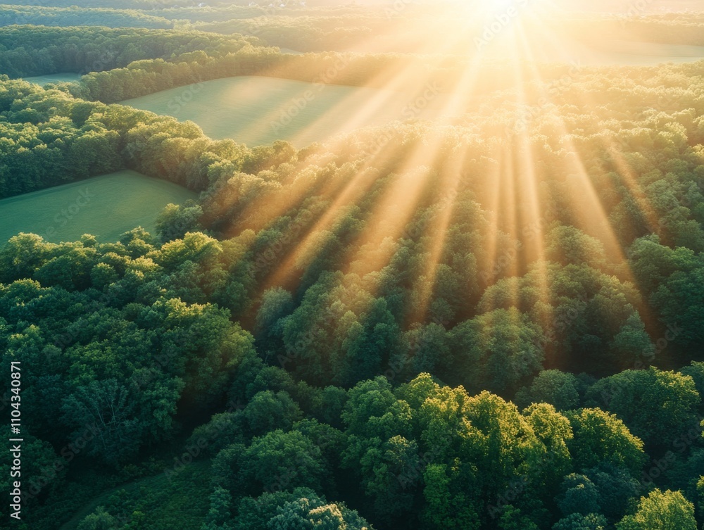 Aufkleber golden rays of sunlight filter through tree branches, illuminating the lush meadow below, highlighti