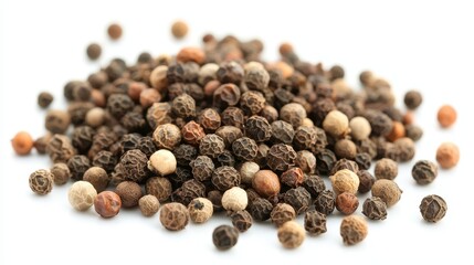  a pile of black and white peppercorns on a white background The black pepper is the main focus of the image, with its distinct shape and texture clearly visible T