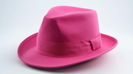  a pink fedora hat on a white background The hat is made of a lightweight material and has a wide brim, giving it a classic fedora look The color of the hat is a v