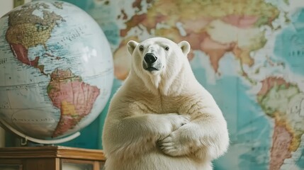 a polar bear standing on its hind legs in front of a globe on a table, with a wall in the background