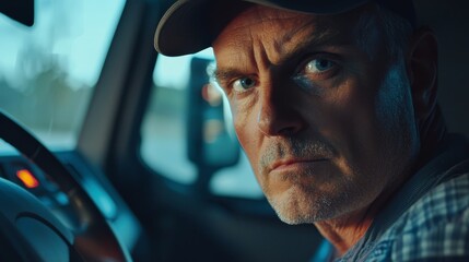 Obraz premium a man wearing a cap driving a truck at night He is focused on the road ahead, with the steering wheel in front of him and the background blurred