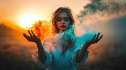 Obraz premium Mystical Woman Balances Elements: Enchanting Fiery and Misty Clouds at Sunset