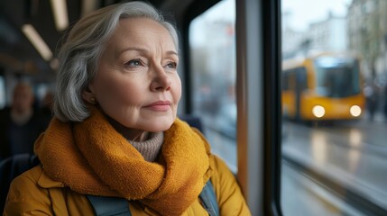  an older woman wearing a yellow jacket and scarf, looking out the window of a bus Through the glass windows, we can see a yellow vehicle on the road, a few people,