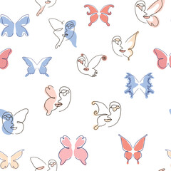Woman face Continuous line seamless pattern. Abstract Female portrait with Butterfly. Drawing vector Wallpaper, fabric, wrapping paper, card, poster