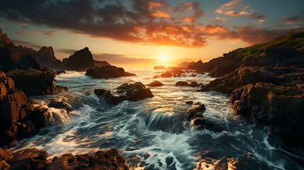 Obraz premium A majestic waterfall with a sunset in the background
