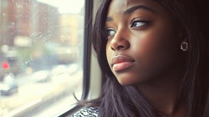  a woman looking out the window of a train, with a blurred background She appears to be deep in thought, perhaps reflecting on the 10 ways to cope with depression