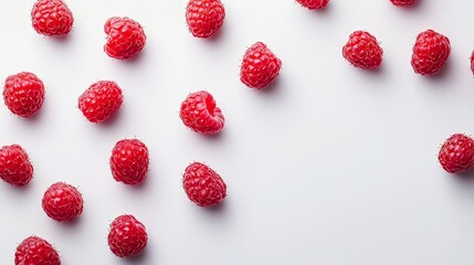  a bunch of ripe, red raspberries on a white background