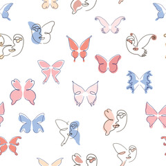 Woman face Continuous line seamless pattern. Abstract Female portrait with Butterfly. Drawing vector Wallpaper, fabric, wrapping paper, card, poster