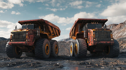 Obraz premium Two powerful diesel-electric trucks, designed for use in modern mines and quarries, are shown hauling industrial quantities of ore or coal.
