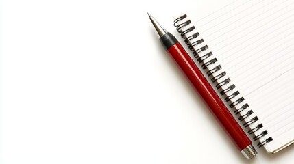  a red pen sitting atop an open notebook on a white surface