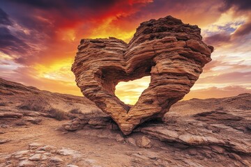 A heart-shaped rock formation in a desert landscape, with a dramatic sunset sky behind it,