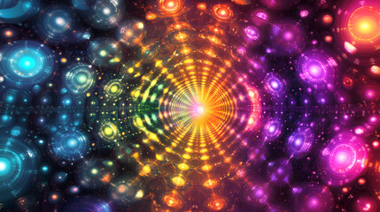 Obraz premium Vibrant abstract background with concentric circles in a multicolored spectrum, creating a glowing tunnel effect. Kaleidoscopic. Illustration