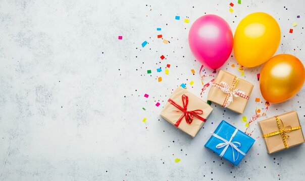 A festive flat lay style background featuring vibrant balloons presents and confetti Perfect for birthday or party greetings with room for a personalized message