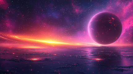 Obraz premium Stunning cosmic landscape features a glowing planet with vibrant rings and colorful nebula in deep space at dusk. Generative AI