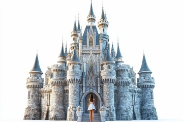 Obraz premium Stone castle, woman, white dress, approaching entrance.