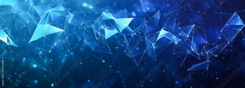 Poster abstract geometric blue background with glowing triangles and network connections