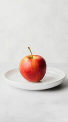 明るい背景の白い皿の上に置かれたミニマリストの新鮮な赤いリンゴ