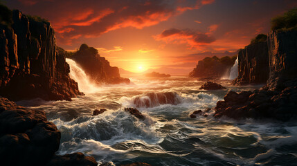 Obraz premium A majestic waterfall with a sunset in the background