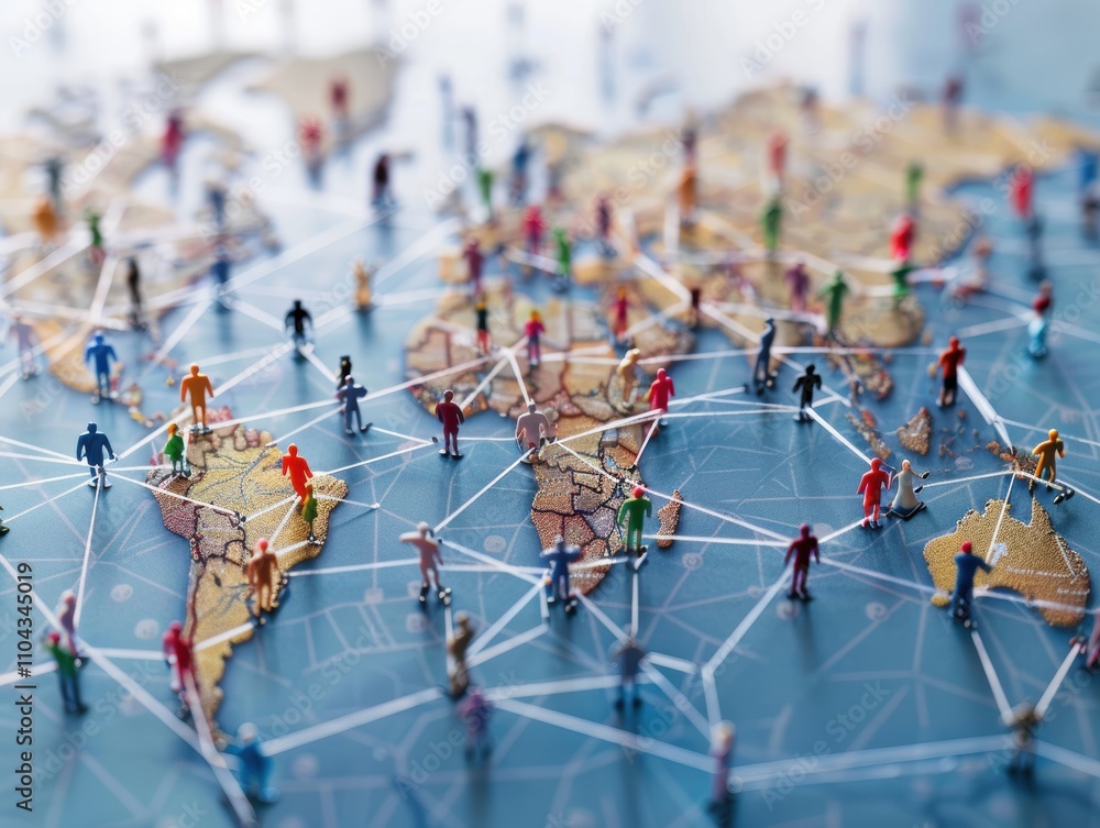 Poster a world map with miniature figures connected by lines, symbolizing global interaction.