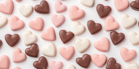 Valentine Day chocolate candy set heart shaped gift. Romantic love greeting present milk choco dessert macro photo background