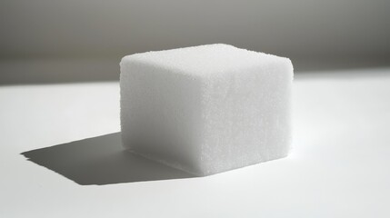  a white sugar cube sitting on top of a white table The cube is made of a soft, white material and has a smooth, glossy finish It is the focal point of the image,