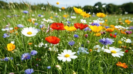 Fototapeta premium Vibrant Wildflower Meadow in Bloom Under a Clear Blue Sky