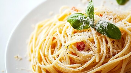  a plate of spaghetti with tomato sauce and parmesan cheese, garnished with fresh basil leaves The plate is white, and the spaghetti is cooked al dente and topped w