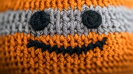 Crocheted pumpkin face with zigzag mouth and black eyes