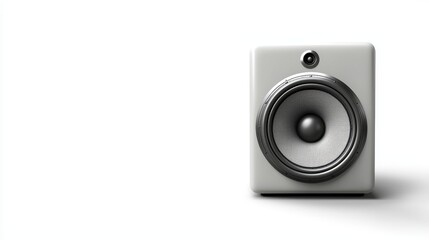 Fototapeta premium a white studio monitor sitting atop a white surface The monitor has a sleek, modern design with a glossy finish and a black grille The background is a bright whit