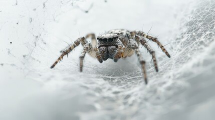  a jumping spider in its web on a white background The spider is in the center of the image, with the web stretching out around it