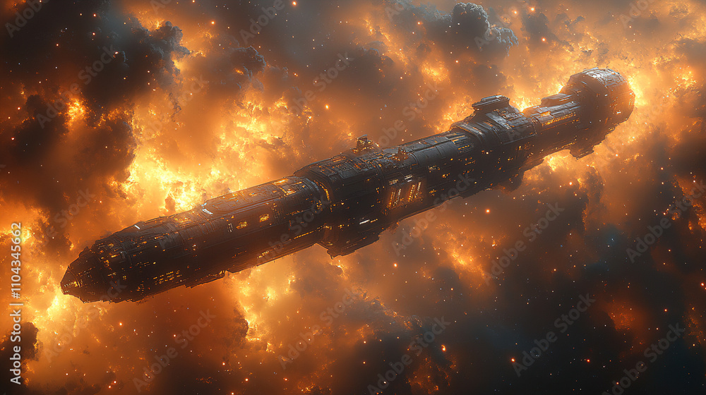 Poster spaceship navigating through a vibrant cosmic nebula filled with flames and swirling gases. generati