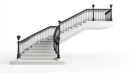  a white staircase with black railings on a white background The stairs have a classic design with a curved top and a set of steps leading up to the top The railin