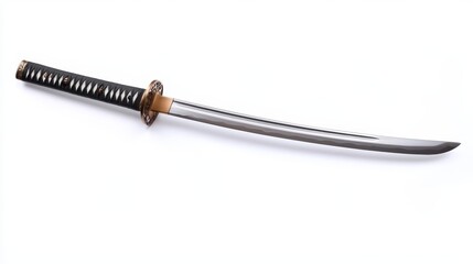  a samurai sword with a black handle on a white background The blade of the sword is curved and has a sharp point at the end The handle is made of a dark material