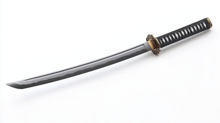  a samurai sword on a white background The sword has a long, curved blade with a sharp point and a handle with a guard The handle is decorated with intricate desig