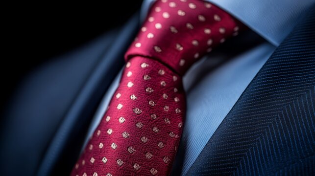 a close up of a man wearing a blue blazer, white shirt, and a red tie with gold polka dots